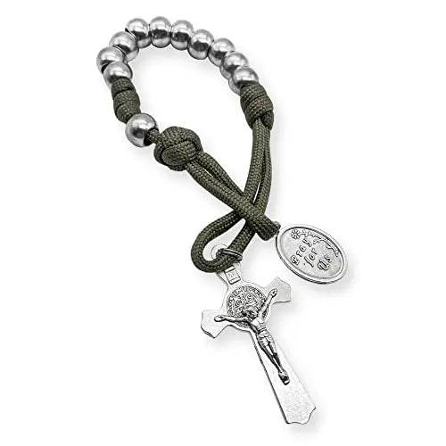 Silver Paracord Rosary Beads Pocket Car Necklace with St. Joseph Medal & St. Benedict Cross - Nazareth Store