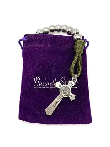 Silver Paracord Rosary Beads Pocket Car Necklace with St. Joseph Medal & St. Benedict Cross - Nazareth Store