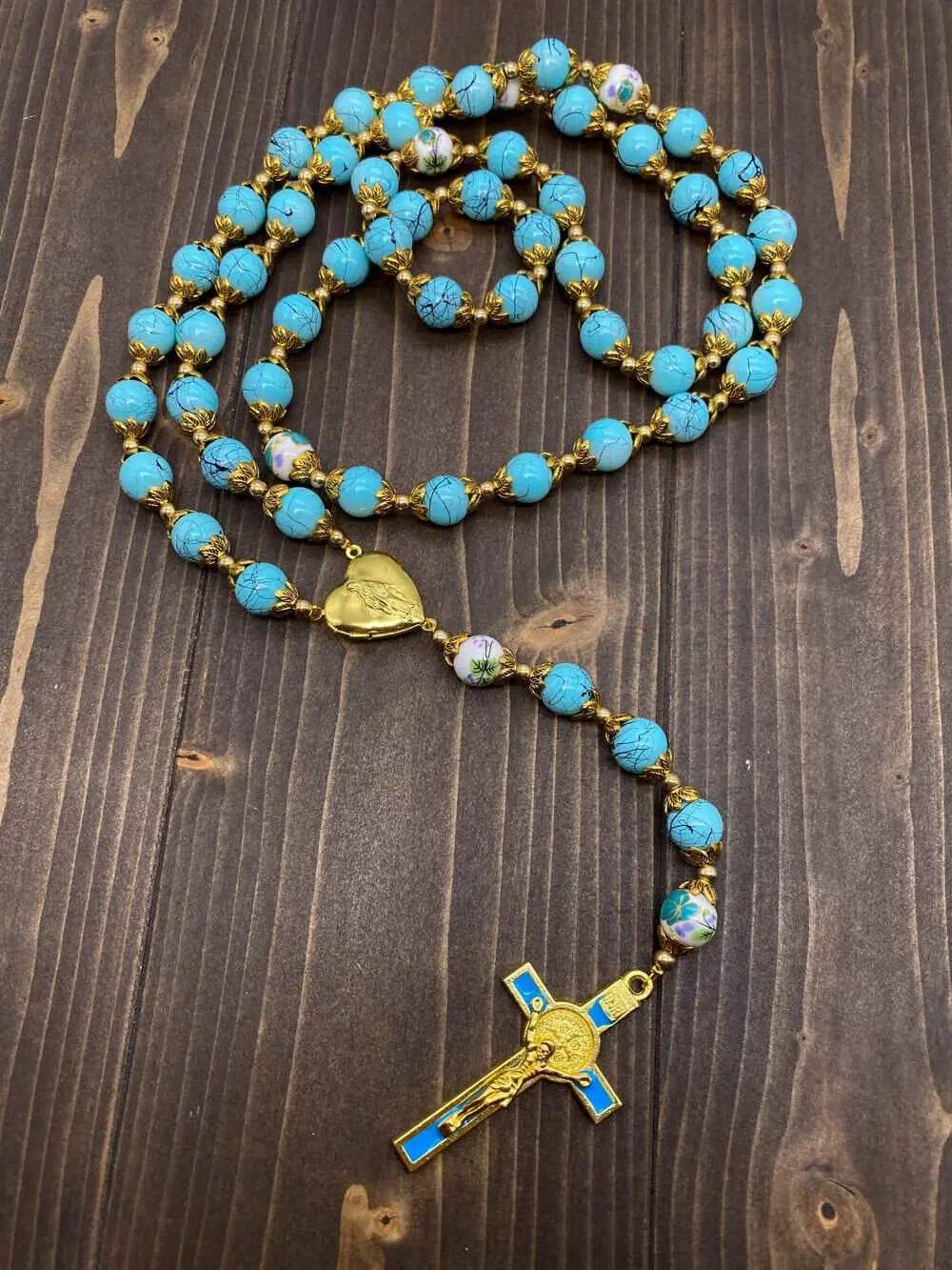 Turquoise Glass Rosary Necklace Flower Mystery Beads with Miraculous Medal & St. Benedict Crucifix - Nazareth Store