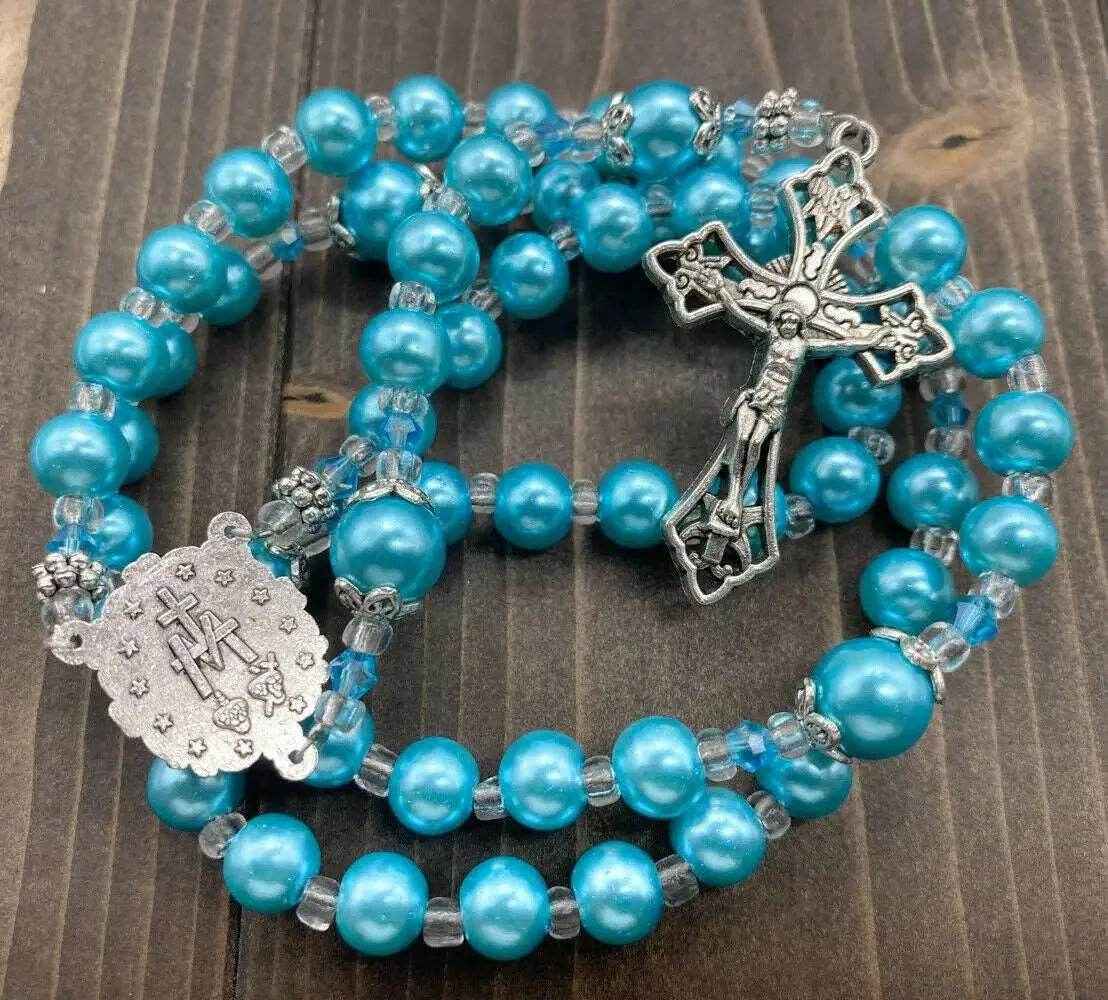 Turquoise Pearl Beads Rosary Necklace with Miraculous Medal  & Cross Crucifix - Nazareth Store