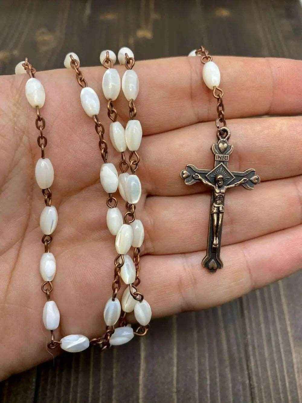 White Shell Beads Pearl Rosary Necklace Vintage Design Chaplet - Nazareth Store