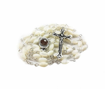 Mother of Pearl Rosary Shell Beads Catholic Necklace Jerusalem Holy Soil Medal Cross Nazareth Store