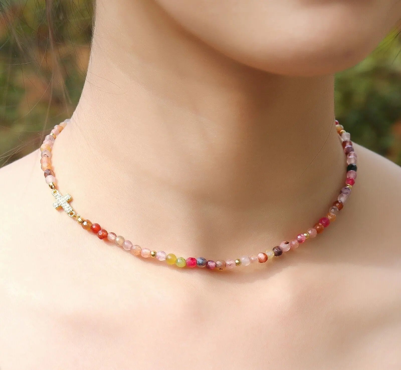 Multicolor Agate Beads Cross Necklace Gemstones Faith Choker 15" 