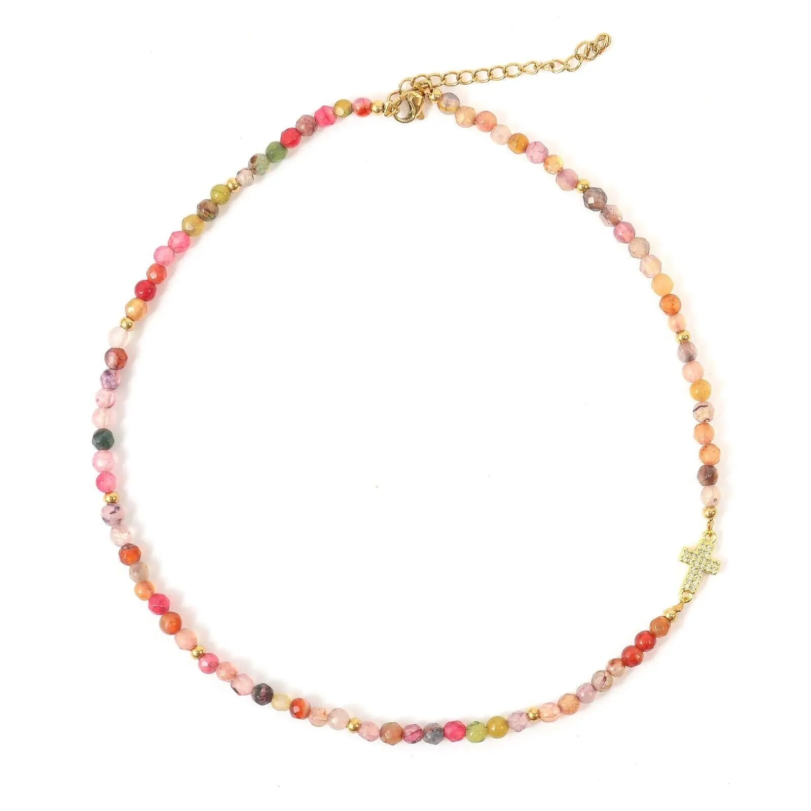 Multicolor Agate Beads Cross Necklace Gemstones Faith Choker 15" 