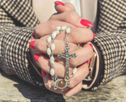 Catholic Rosary Necklace Pearl Shell Beads with Jerusalem Holy Soil Medal - Nazareth Store