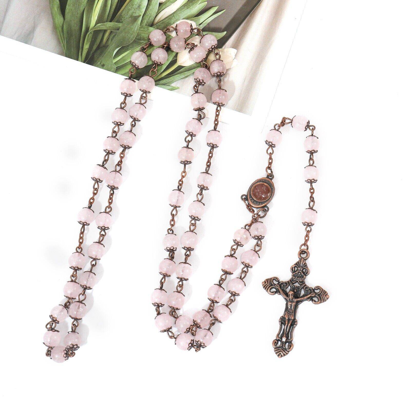 Rose Quartz Natural Stone Rosary Beads Necklace with Holy Soil & Cross Crucifix - Nazareth Store