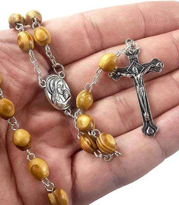 Olive Wood Beads Rosary Prayer Beaded Necklace Holy Soil Medal & Jesus Cross Crucifix