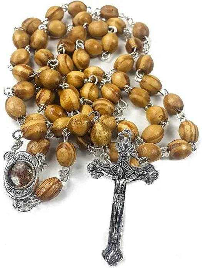 Olive Wood Beads Rosary Prayer Beaded Necklace Holy Soil Medal & Jesus Cross Crucifix
