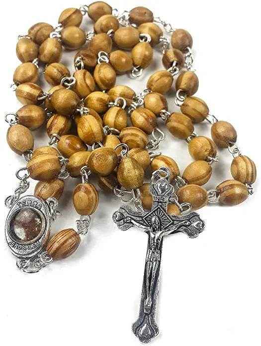 Olive Wood Beads Rosary Prayer Beaded Necklace Holy Soil Medal & Jesus Cross Crucifix