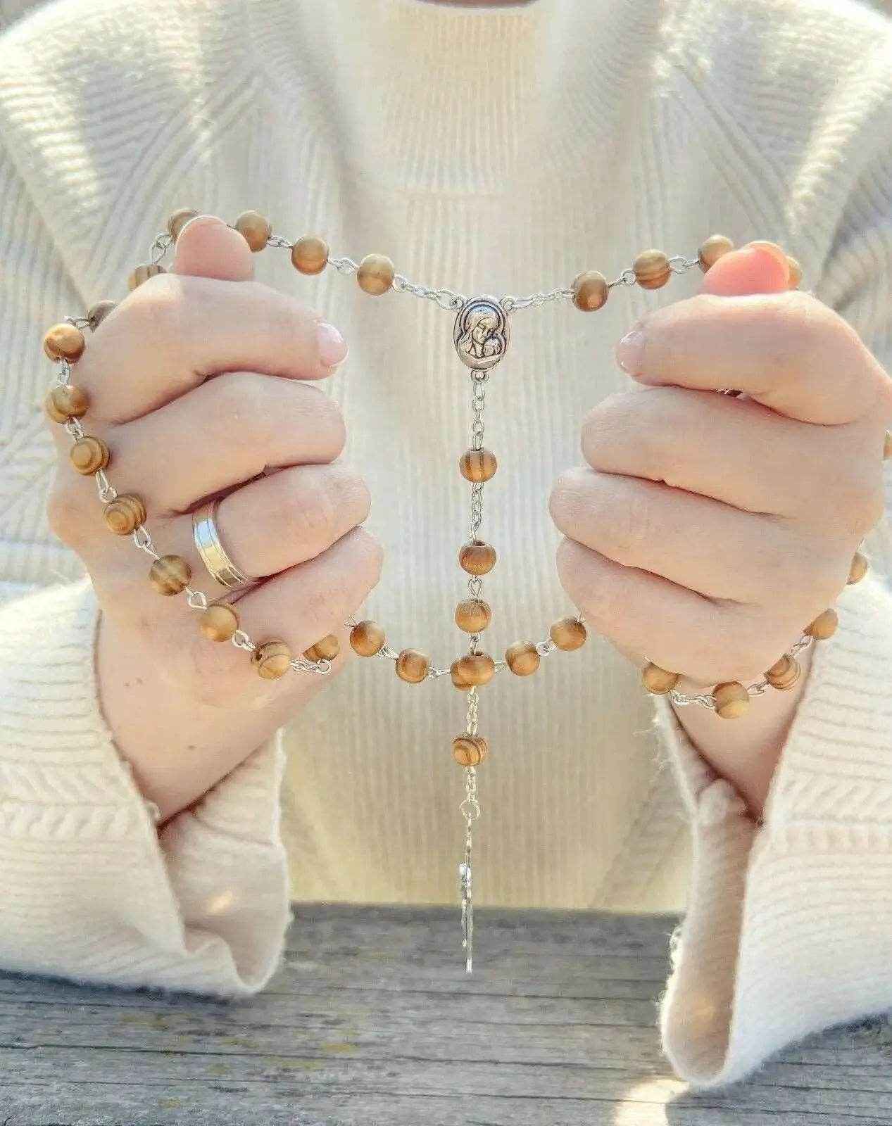 Olive Wood Beads Rosary Prayer Beaded Necklace Holy Soil Medal & Jesus Cross Crucifix