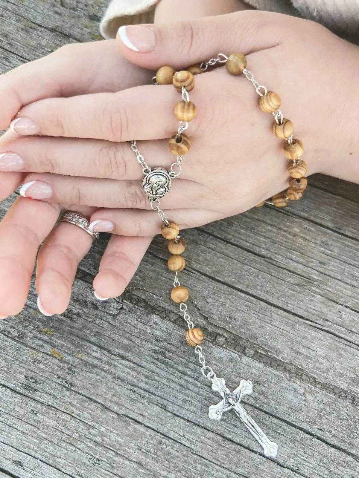 Olive Wood Beads Rosary Prayer Beaded Necklace Holy Soil Medal & Jesus Cross Crucifix