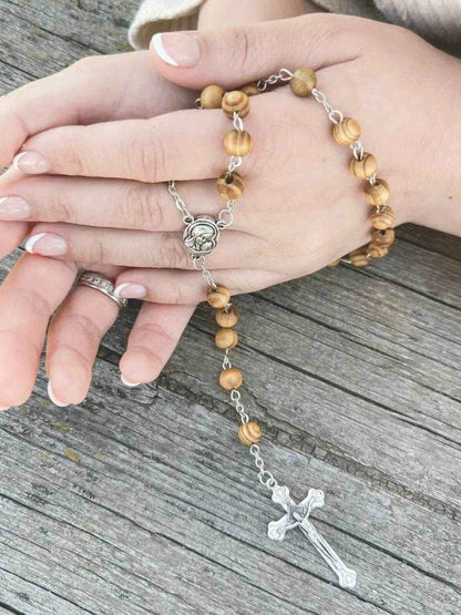 Olive Wood Beads Rosary Prayer Beaded Necklace Holy Soil Medal & Jesus Cross Crucifix