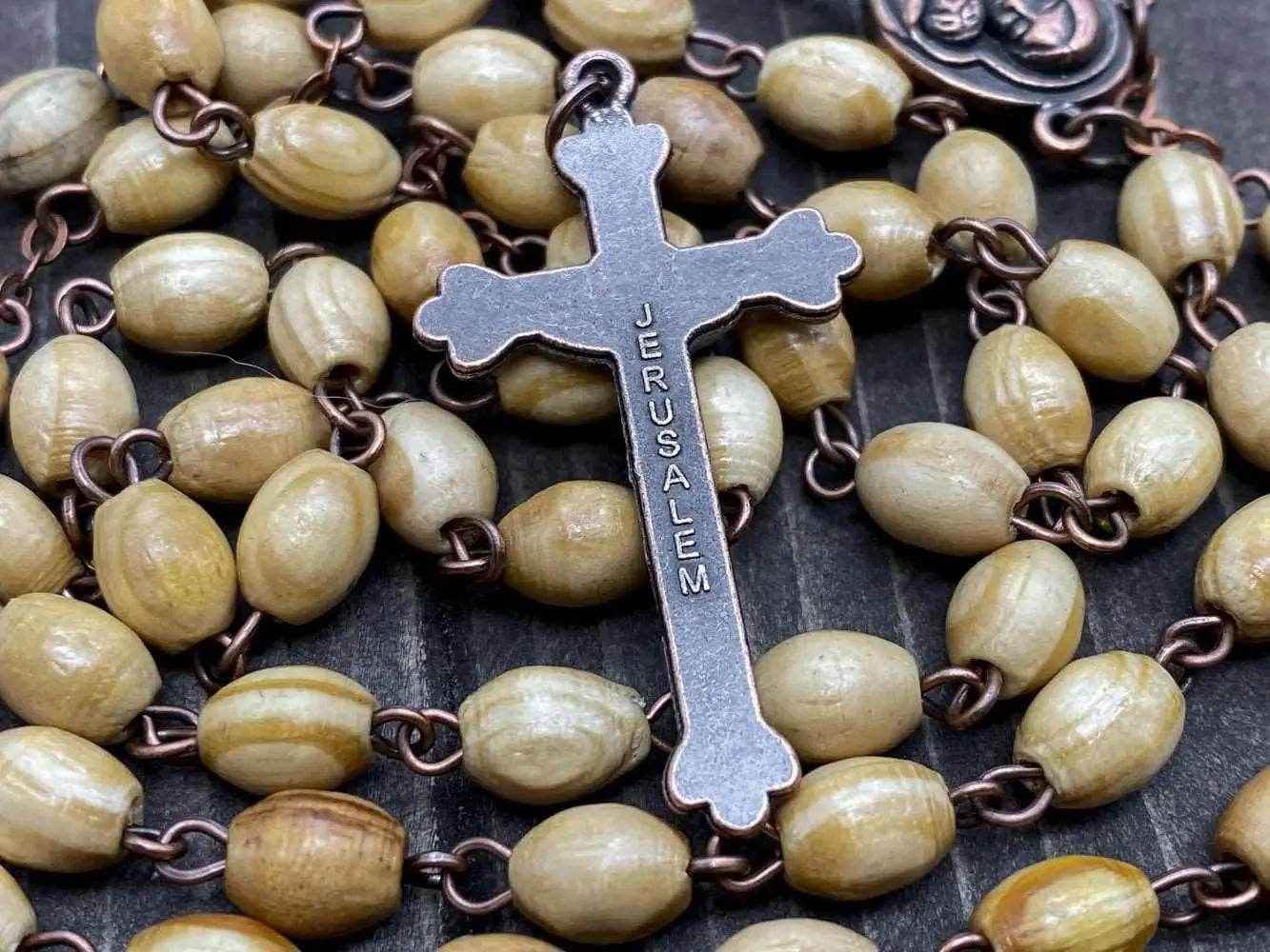 Olive Wood Beads Rosary Necklace Catholic Holy Mary Medal Bronze Cross