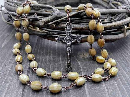 Olive Wood Beads Rosary Necklace Catholic Holy Mary Medal Bronze Cross