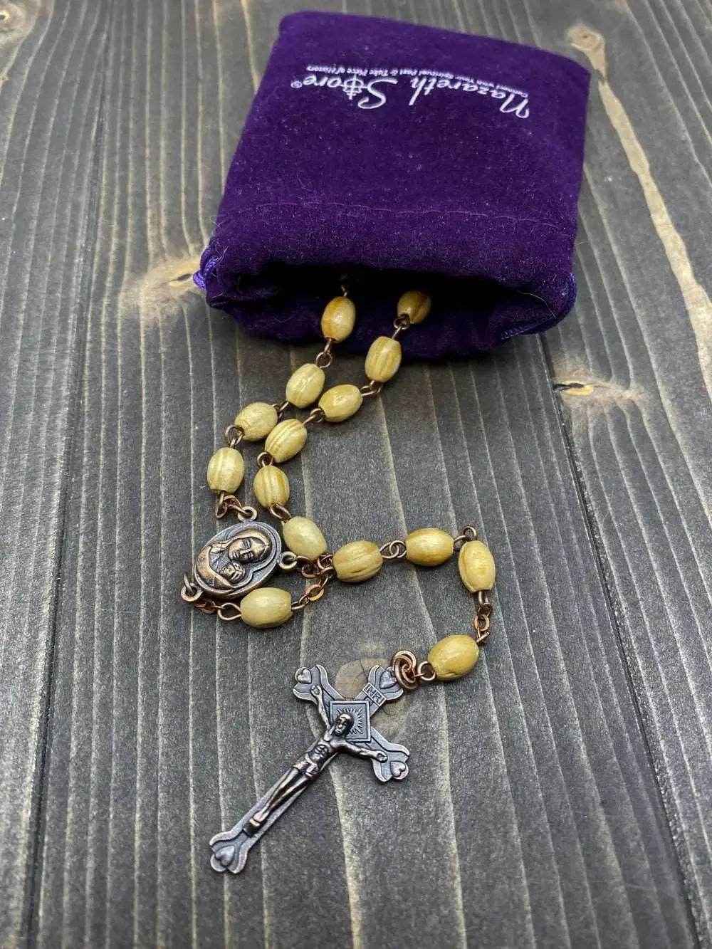 Olive Wood Beads Rosary Necklace Catholic Holy Mary Medal Bronze Cross