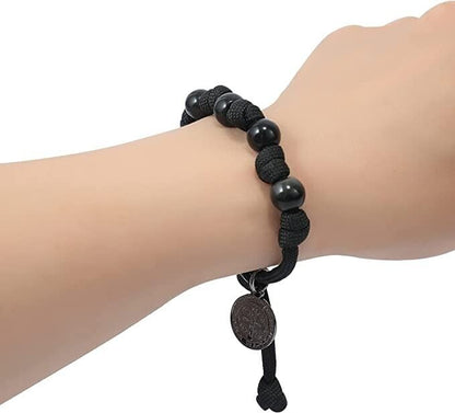 Black Agate Rosary Beads Paracord Set St. Michael Necklace & St. Benedict 22" Nazareth Store