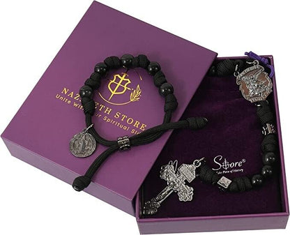 Black Agate Rosary Beads Paracord Set St. Michael Necklace & St. Benedict 22" Nazareth Store