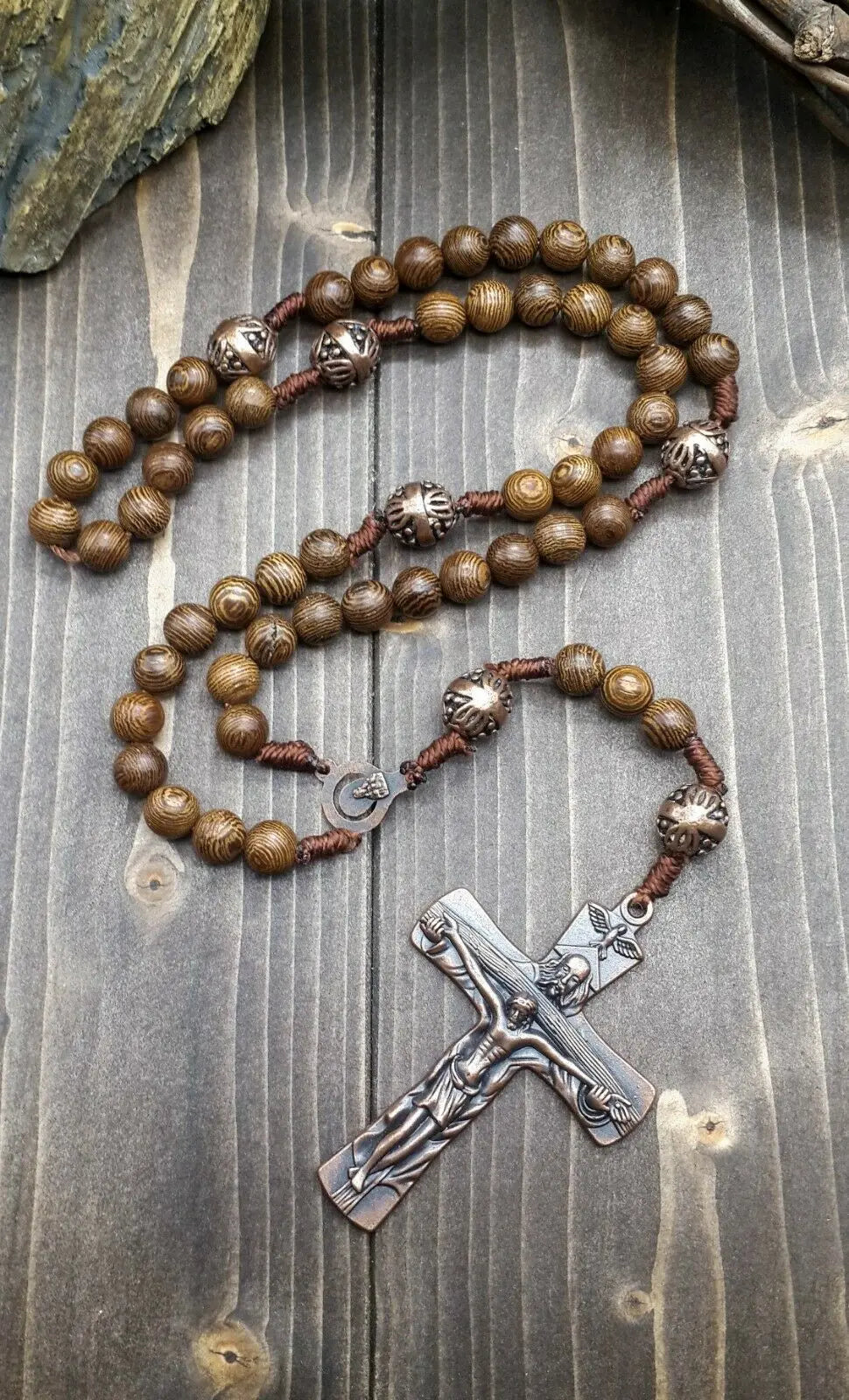 Our Father Wood Rosary Beads Necklace Large Antique Cross 20" Nazareth Store
