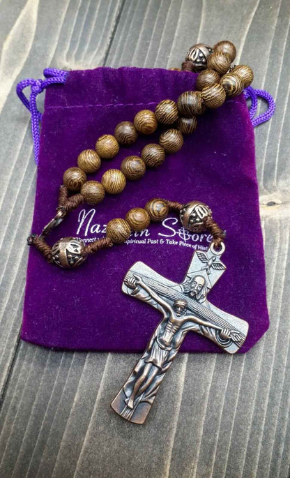 Our Father Wood Rosary Beads Necklace Large Antique Cross 20"