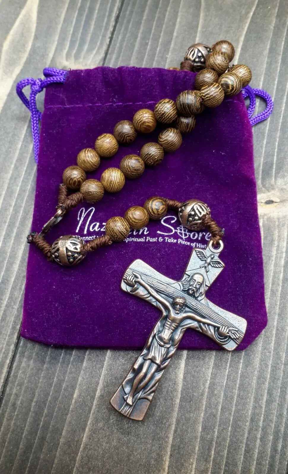 Our Father Wood Rosary Beads Necklace Large Antique Cross 20"