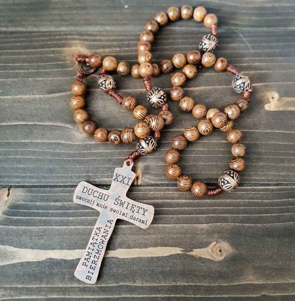 Our Father Wood Rosary Beads Necklace Large Antique Cross 20"