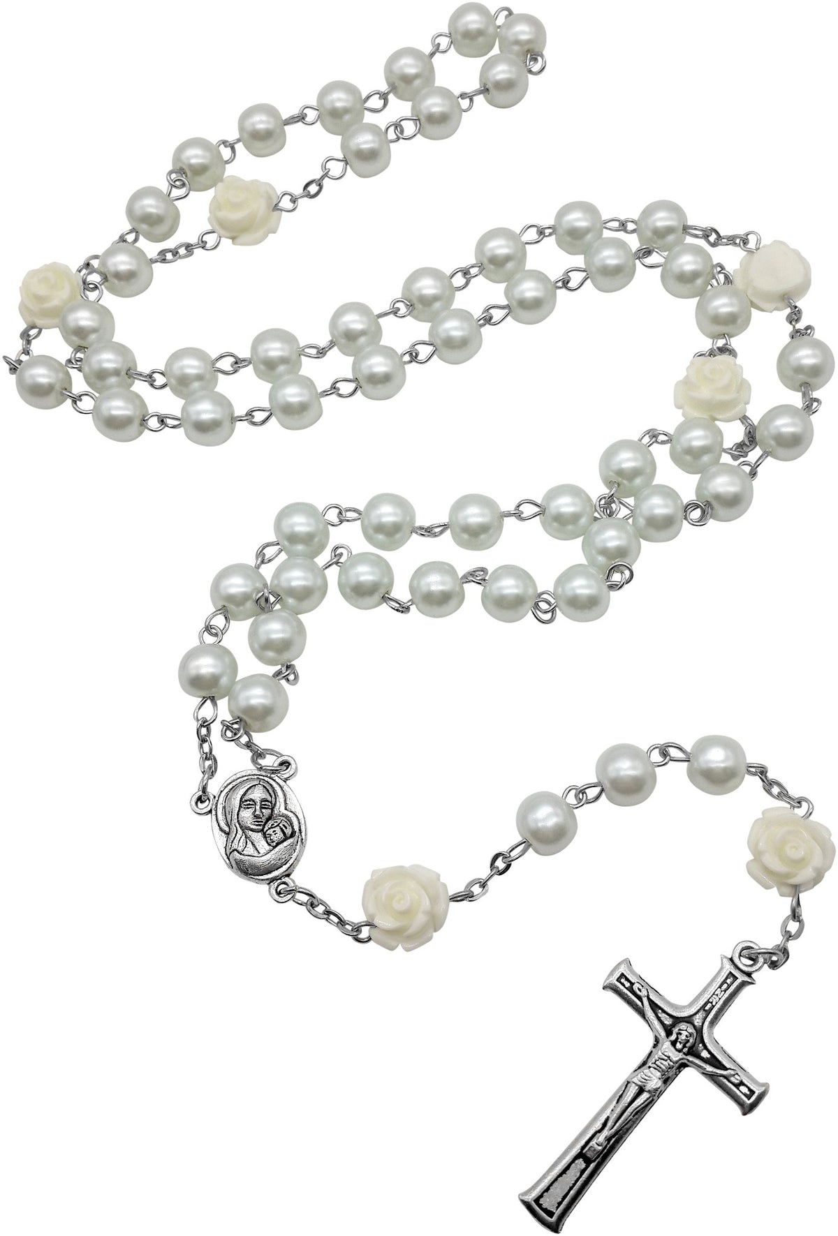 White Pearl Beads Rosary Necklace with Our Rose Lourdes Medal & Cross Crucifix - Nazareth Store