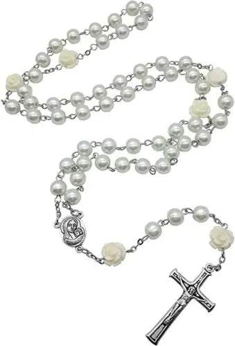 White Pearl Beads Rosary Necklace with Our Rose Lourdes Medal & Cross Crucifix - Nazareth Store