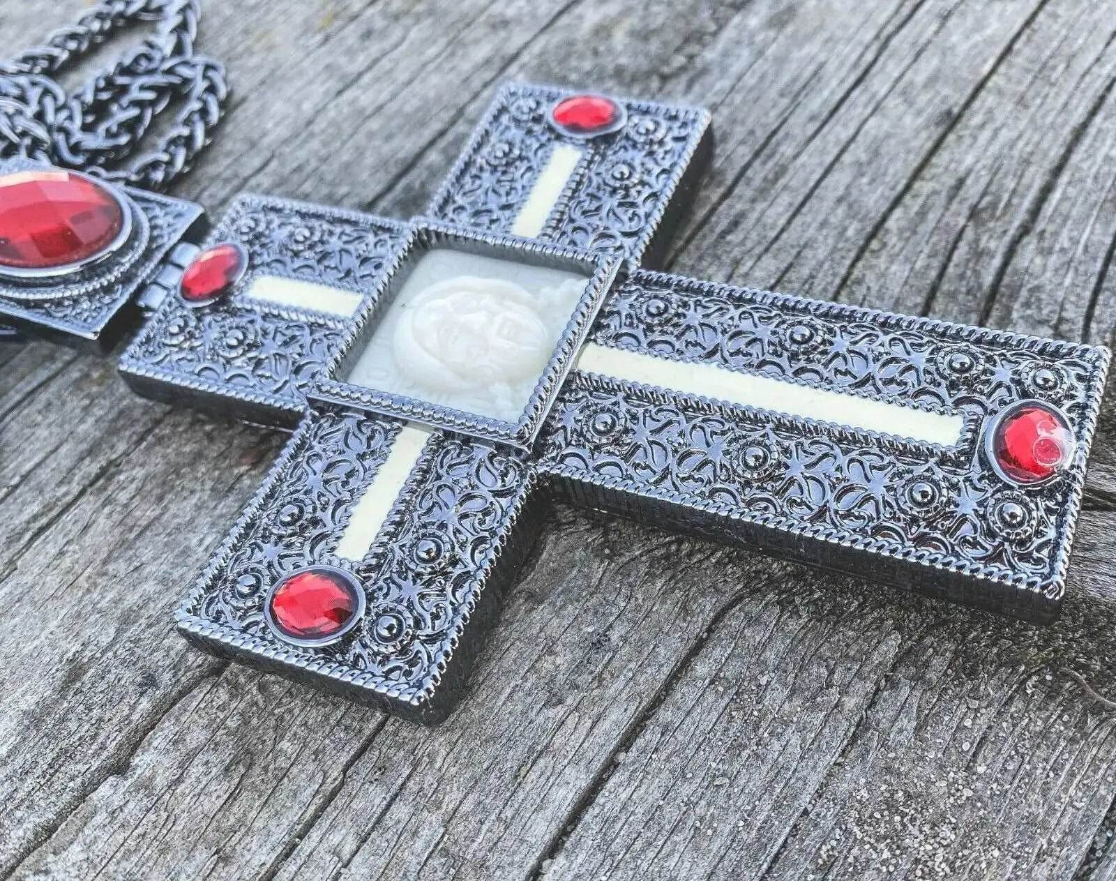 Antique Silver Pectoral Cross Necklace Red Crystallized Glass Priest Bishop Crucifix - Nazareth Store