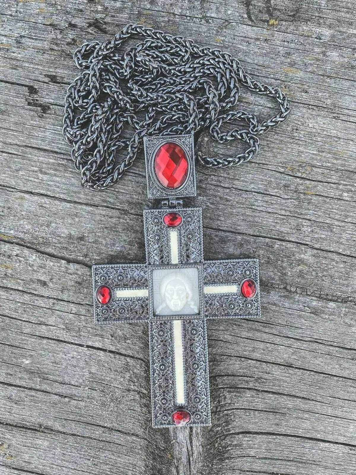 Antique Silver Pectoral Cross Necklace Red Crystallized Glass Priest Bishop Crucifix - Nazareth Store