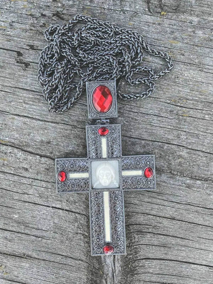 Antique Silver Pectoral Cross Pendant with Red Crystallized Glass Priest & Bishop Crucifix Necklace - Nazareth Store