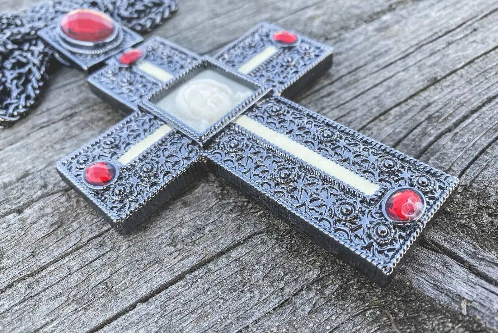 Ox Silver Pectoral Cross Red Crystallized Glass Priest Bishop Clergy Crucifix Nazareth Store