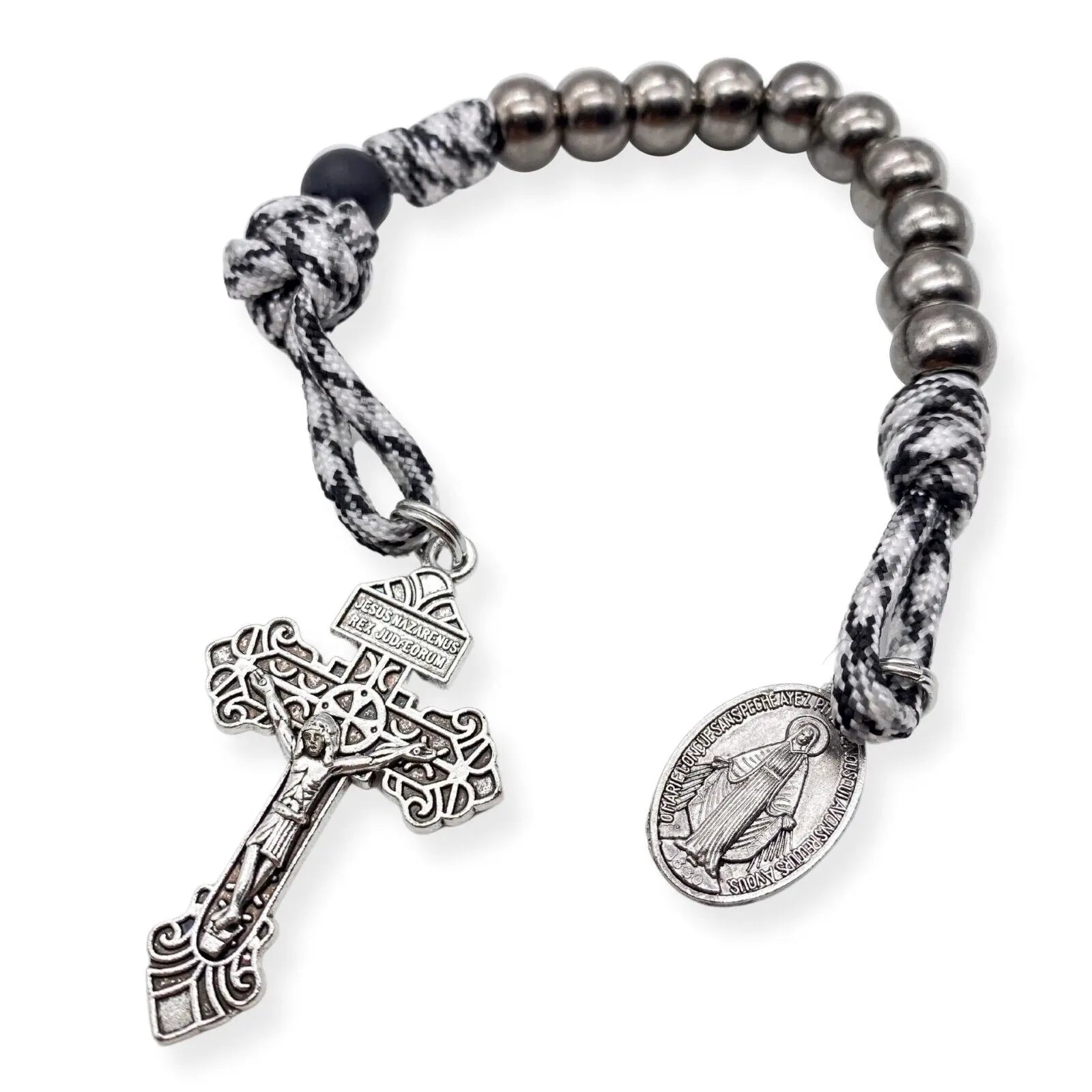 Pardon One Decade Paracord Rosary Black Beads Pocket Military Miraculous 
