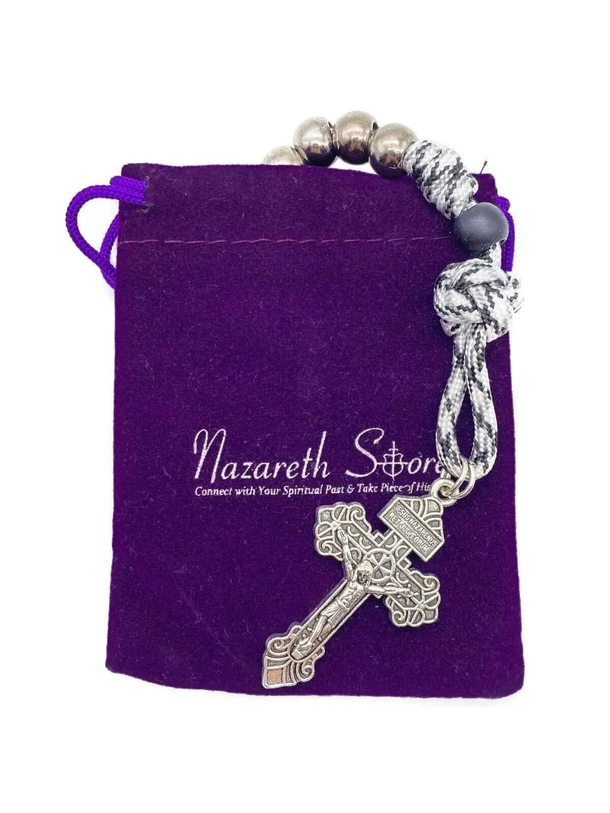 One Decade Rosary Beads Black & White Paracord Pocket Chaplet with Silver Beads & Miraculous Medal - Nazareth Store