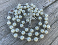 Pearl Rosary Cream Beads Chaplet Holy Soil Medal & Cross Nazareth Store
