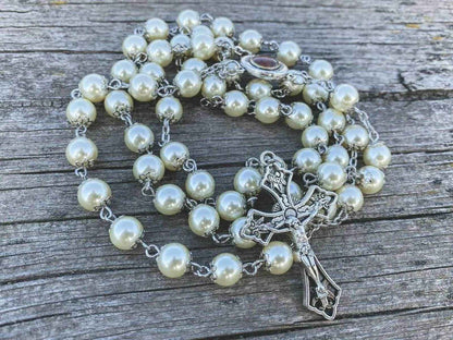 Cream Pearl 8mm Rosary Necklace with Holy Soil Medal & Cross Crucifix -  Nazareth Store