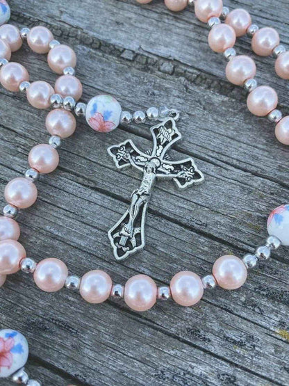 Pink Pearl Rosary Beads Necklace Miraculous Medal & Cross Crucifix - Nazareth Store