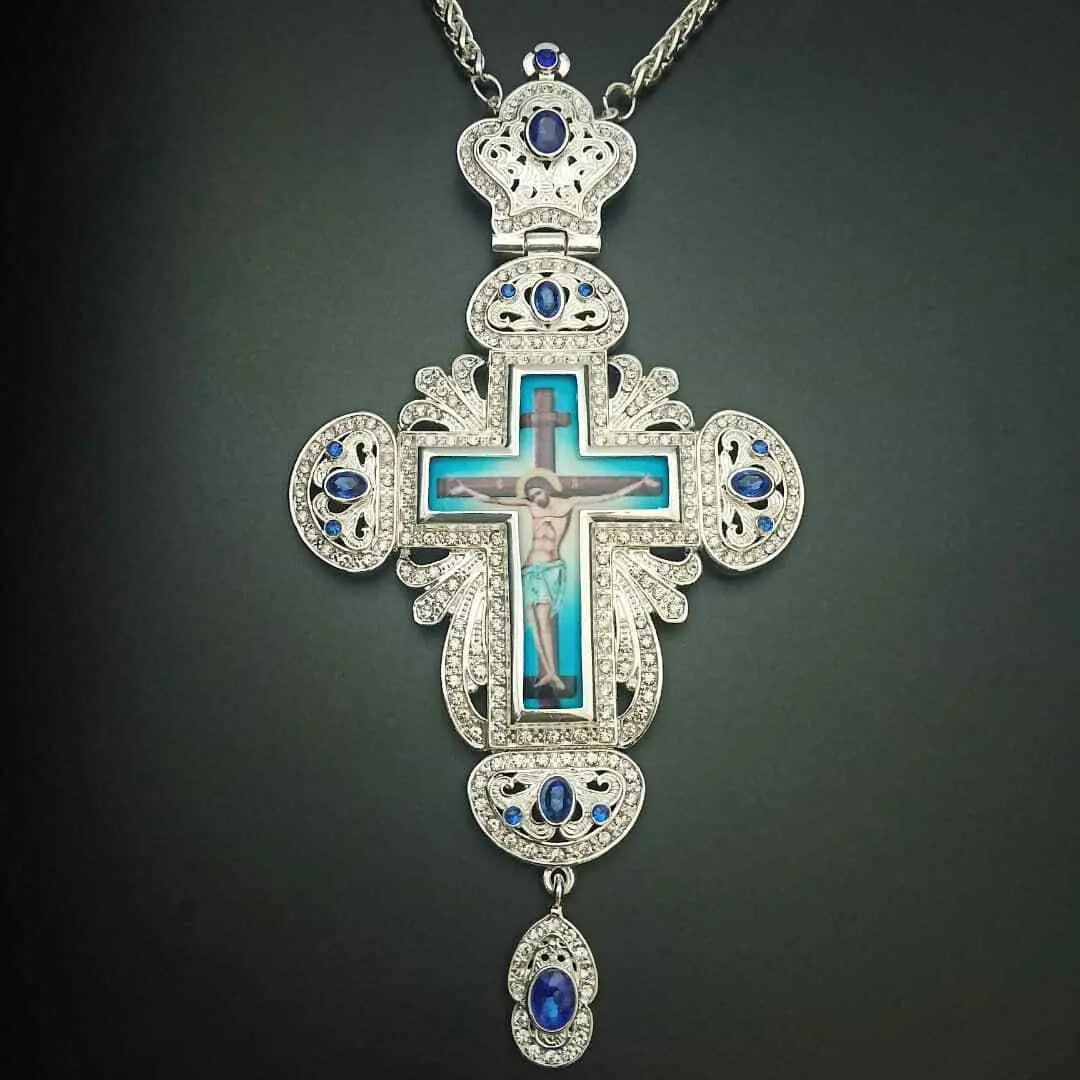 Pectoral Clergy Cross Jesus Blue Crystallized Glass Christian Bishop Pendant Nazareth Store