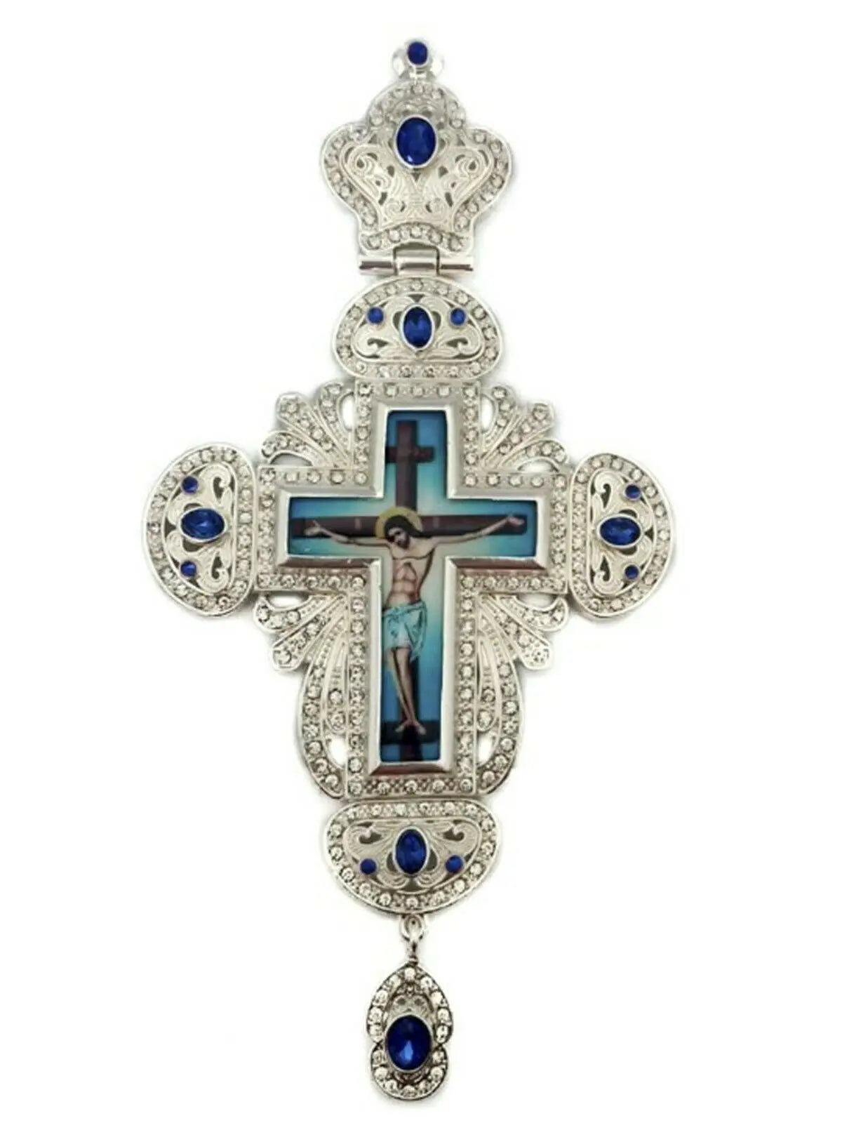 Pectoral Clergy Cross Jesus Blue Crystallized Glass Christian Bishop Pendant Nazareth Store