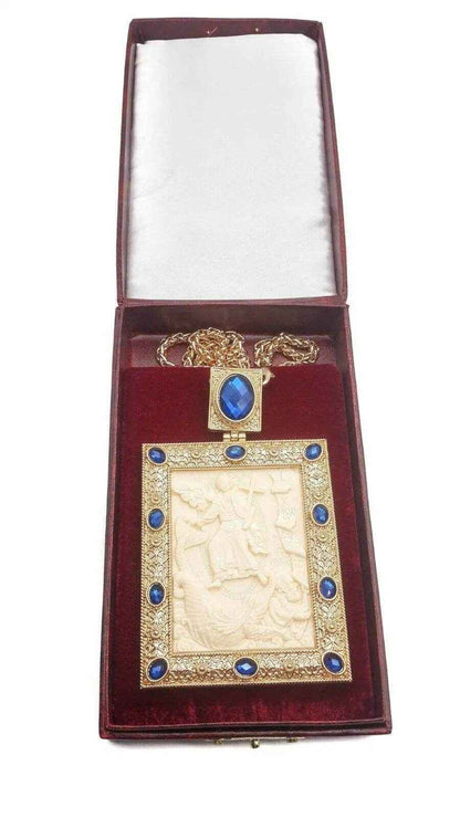 Blue Crystals Pectoral Cross Pendant Biblical Scene Christian Priest Bishop