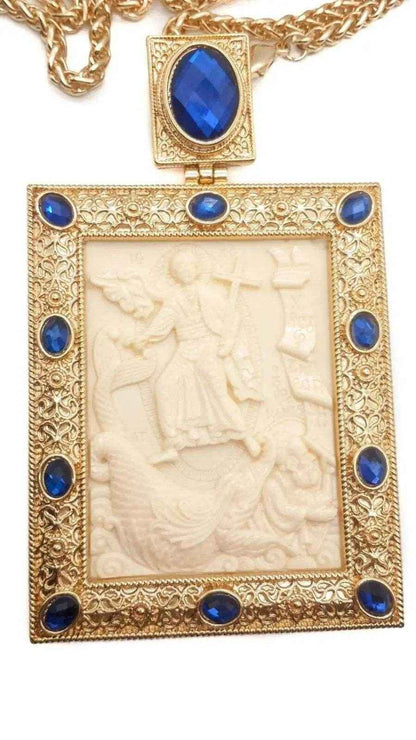 Blue Crystals Pectoral Cross Pendant Biblical Scene Christian Priest Bishop