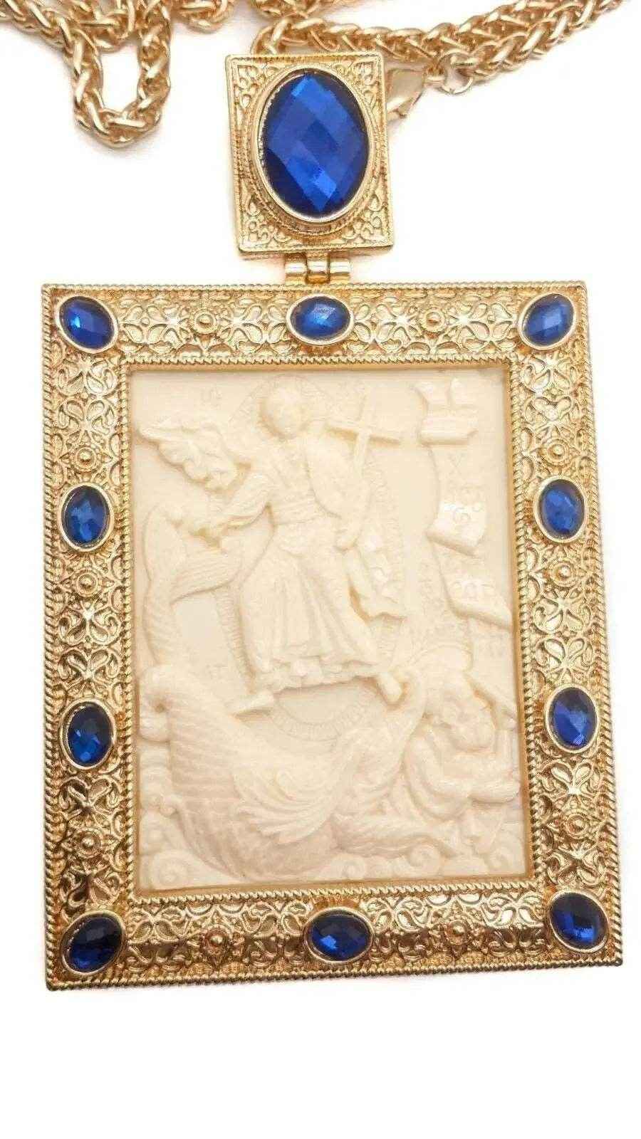Blue Crystals Pectoral Cross Pendant Biblical Scene Christian Priest Bishop
