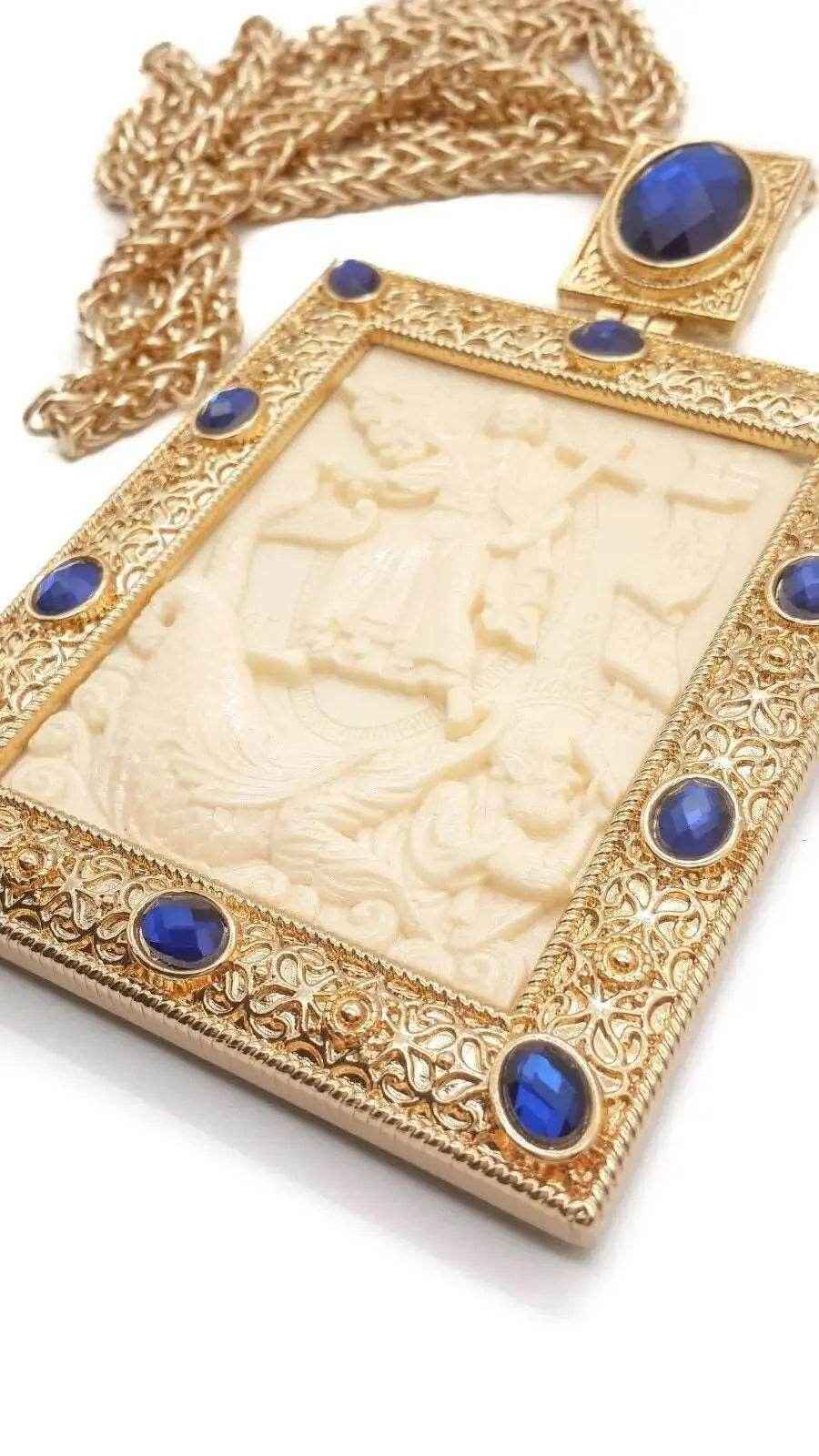 Blue Crystals Pectoral Cross Pendant Biblical Scene Christian Priest Bishop