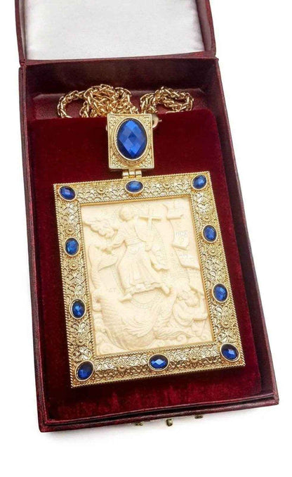 Blue Crystals Pectoral Cross Pendant Biblical Scene Christian Priest Bishop