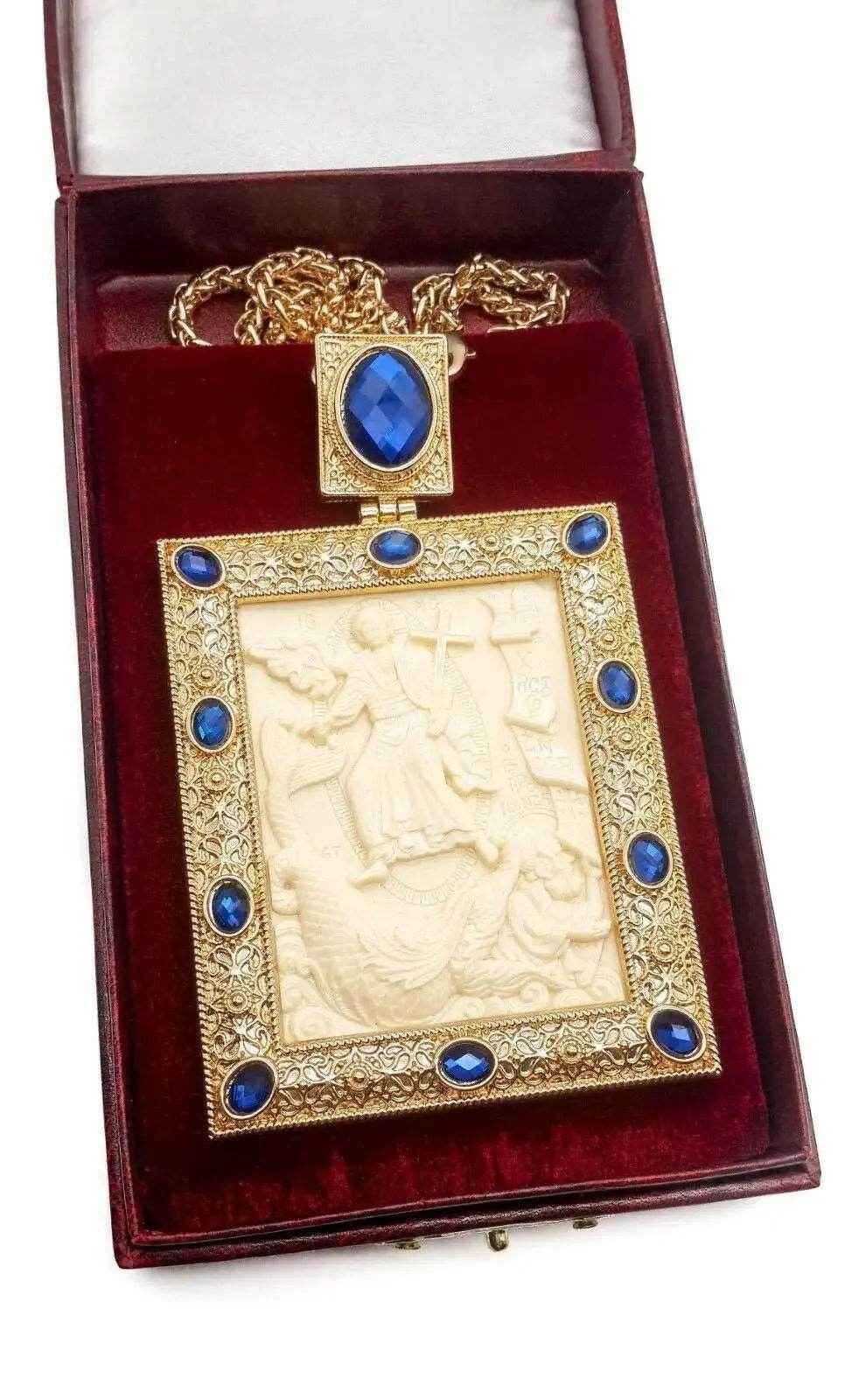 Blue Crystals Pectoral Cross Pendant Biblical Scene Christian Priest Bishop
