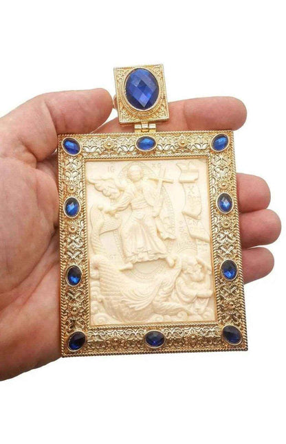 Blue Crystals Pectoral Cross Pendant Biblical Scene Christian Priest Bishop