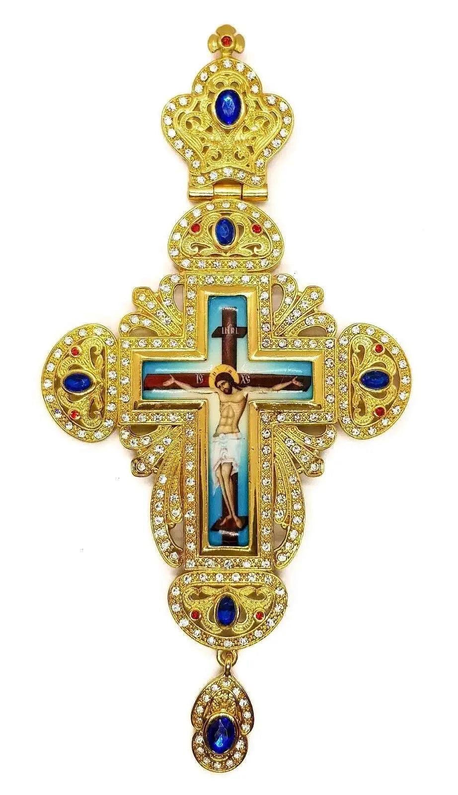 Pectoral Cross Blue Crystals Rhinestones Elements Christian Priest Crucifix Nazareth Store