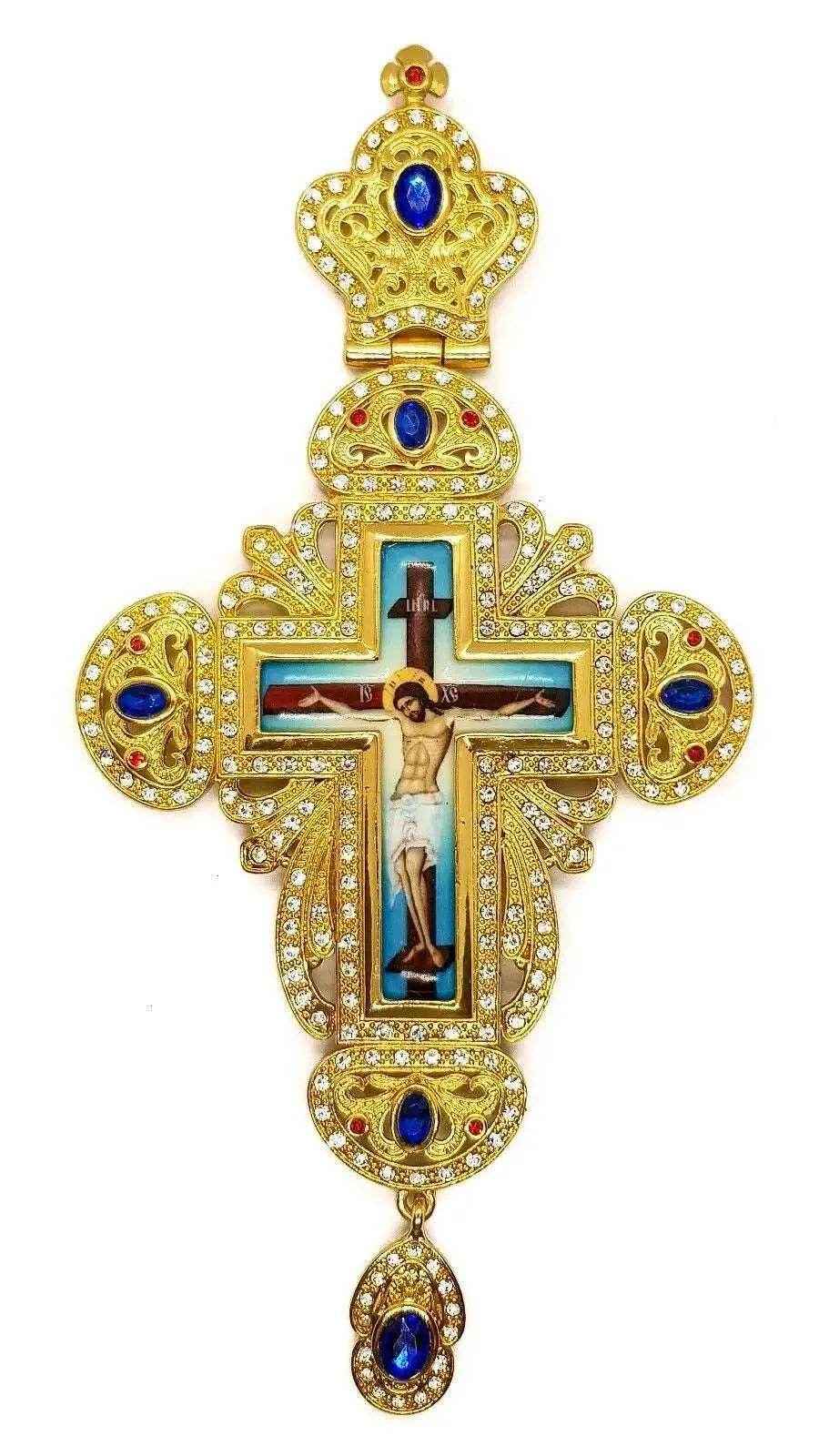 Pectoral Cross Blue Crystals Pendant Christian Priest Crucifix
