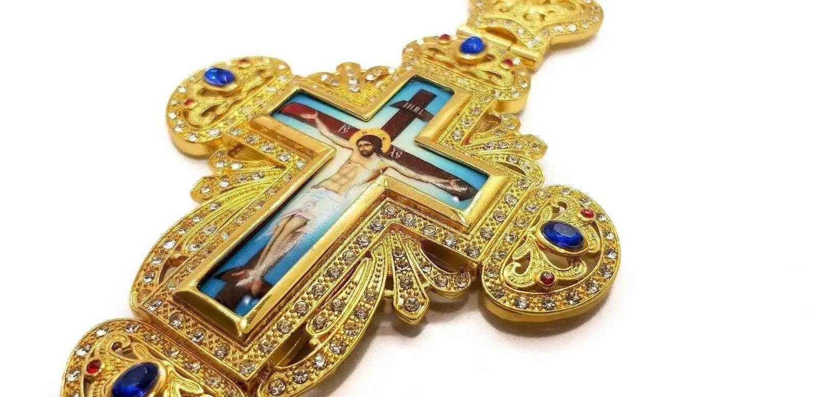 Pectoral Cross Blue Crystals Pendant Christian Priest Crucifix
