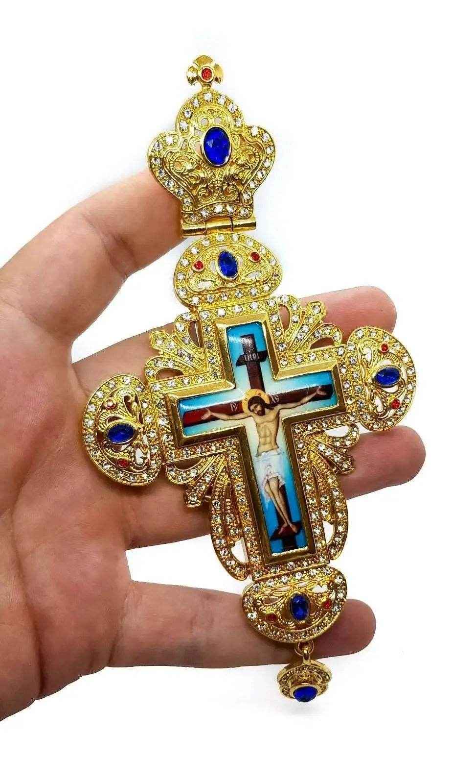 Pectoral Cross Blue Crystals Pendant Christian Priest Crucifix
