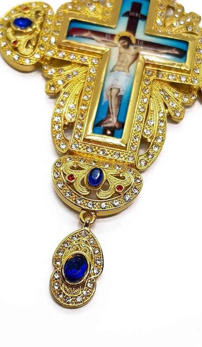 Blue Crystals Pectoral Cross Pendant Christian Priest Crucifix - Nazareth Store